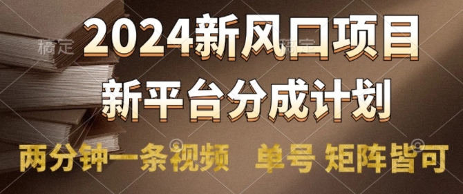 2024风口项目，新平台分成计划，两分钟一条视频，单号 矩阵皆可操作轻松上手月入9000+-优知识