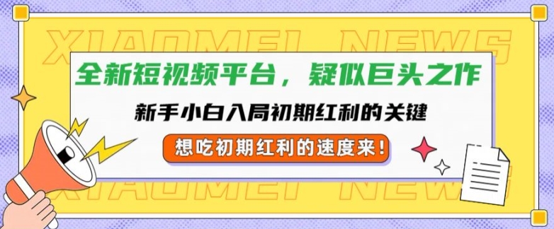 全新短视频平台，新手小白入局初期红利的关键，想吃初期红利的速度来-优知识