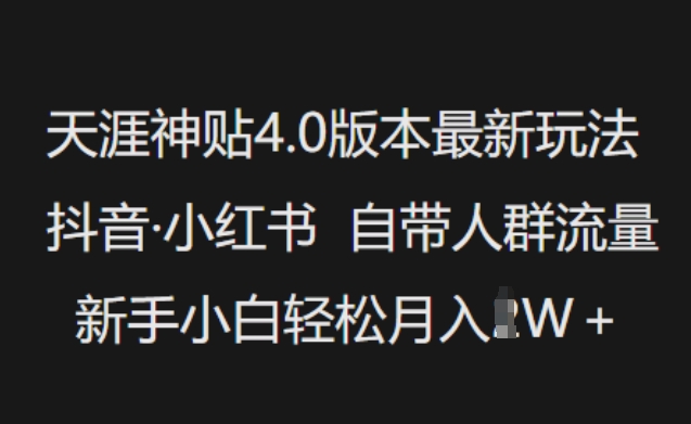 天涯神贴4.0版本号全新游戏玩法，抖音视频·小红书的内置群体总流量，新手入门轻轻松松月入了W-优知识