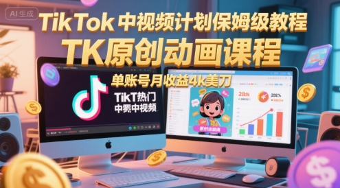 TikTok中视频计划保姆级教程，TK原创动画课程，单账号月收益4k美刀-优知识