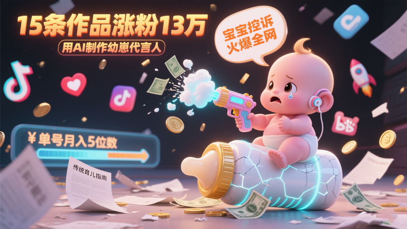 用AI制作幼崽代言人，宝宝的控诉火爆全网，15条作品涨粉13万，单号月入5位数实操教程-优知识