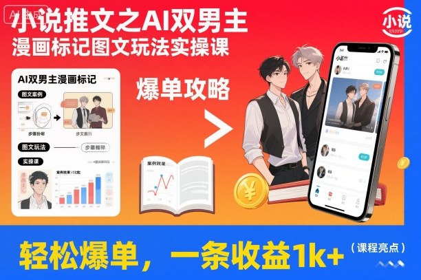 小说推文之AI双男主漫画标记图文玩法实操课，轻松爆单，一条收益1k+-知学云创